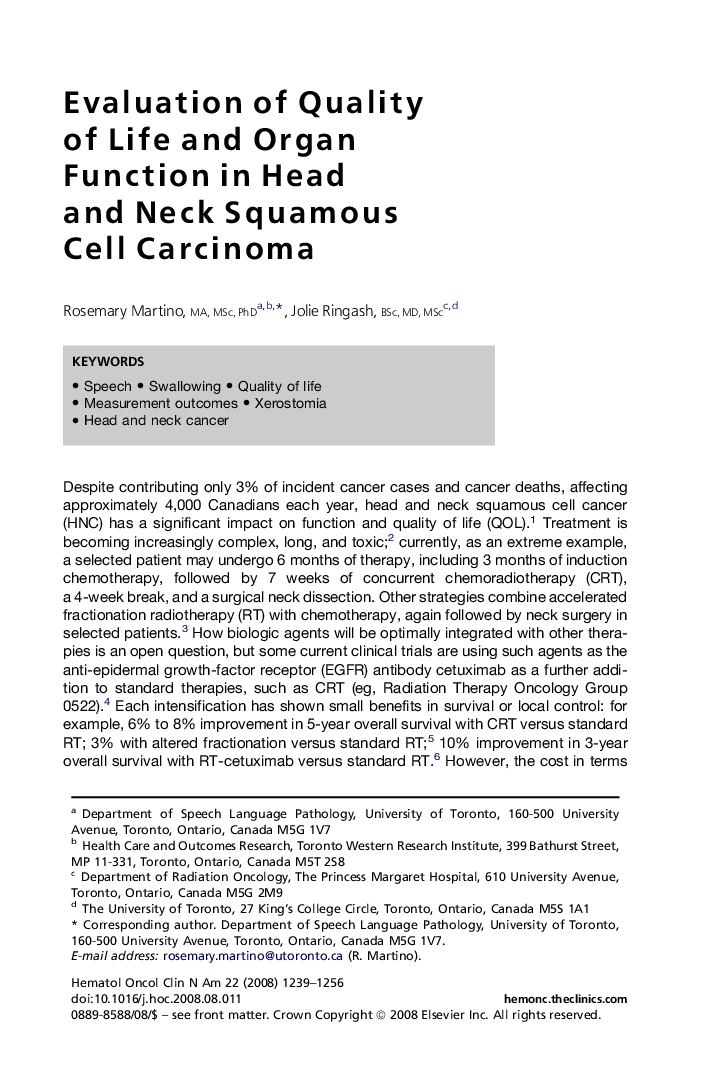 Evaluation of Quality of Life and Organ Function in Head and Neck Squamous Cell Carcinoma