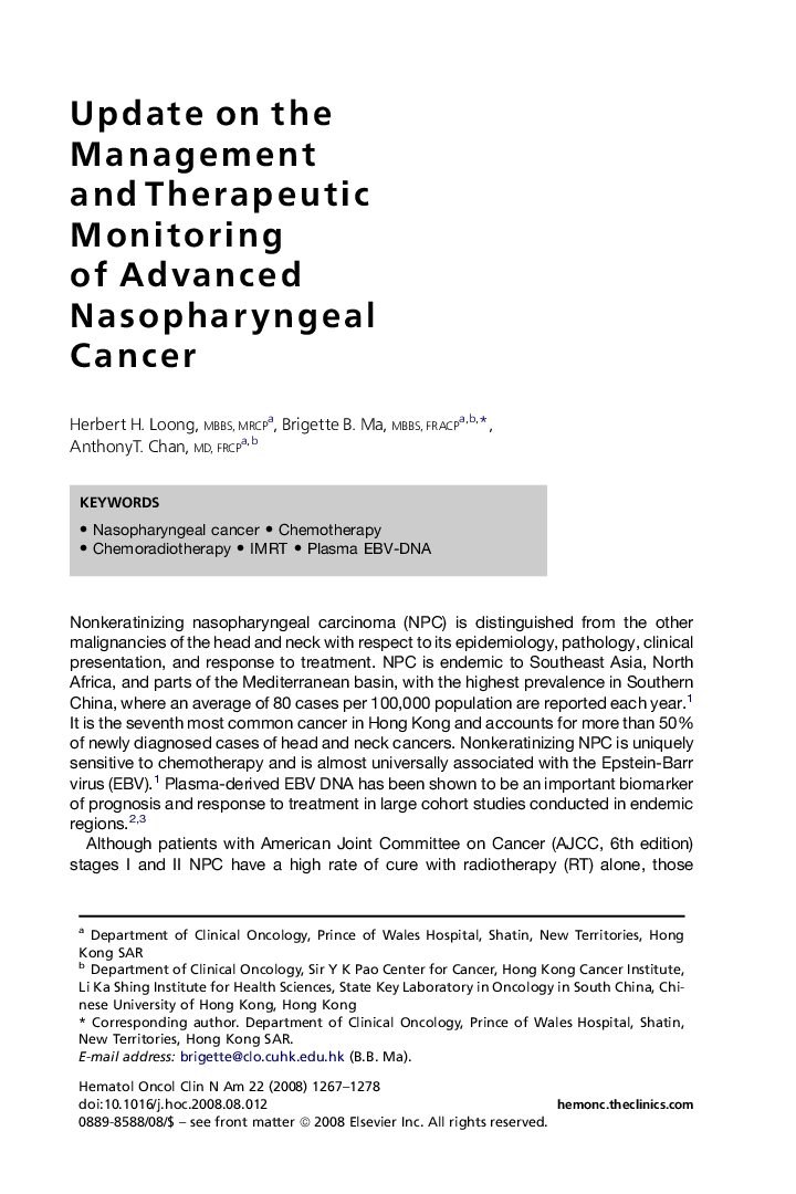Update on the Management and Therapeutic Monitoring of Advanced Nasopharyngeal Cancer