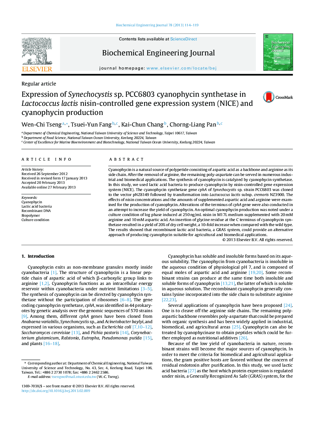 Expression of Synechocystis sp. PCC6803 cyanophycin synthetase in Lactococcus lactis nisin-controlled gene expression system (NICE) and cyanophycin production