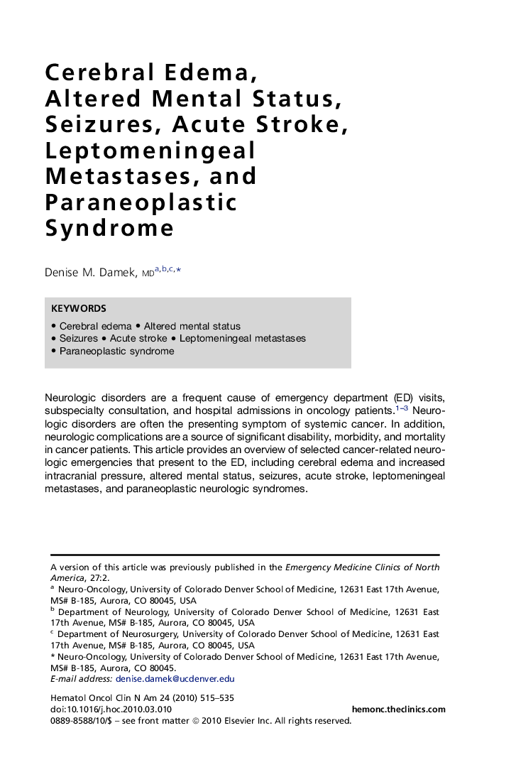 Cerebral Edema, Altered Mental Status, Seizures, Acute Stroke, Leptomeningeal Metastases, and Paraneoplastic Syndrome