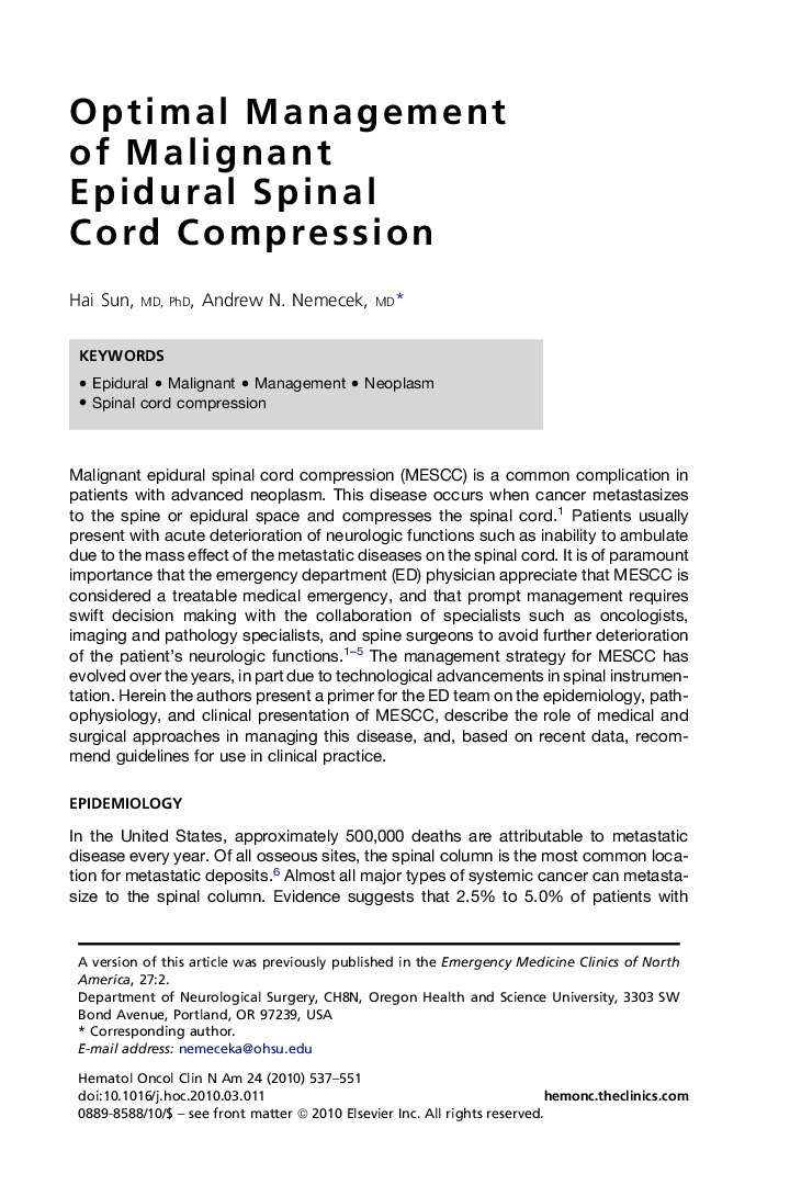 Optimal Management of Malignant Epidural Spinal Cord Compression
