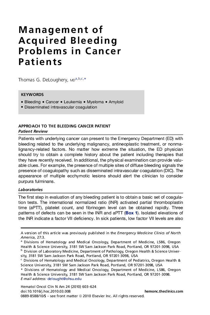 Management of Acquired Bleeding Problems in Cancer Patients