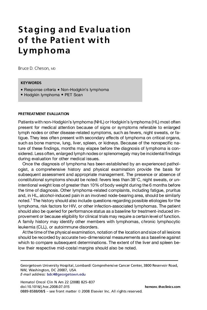 Staging and Evaluation of the Patient with Lymphoma