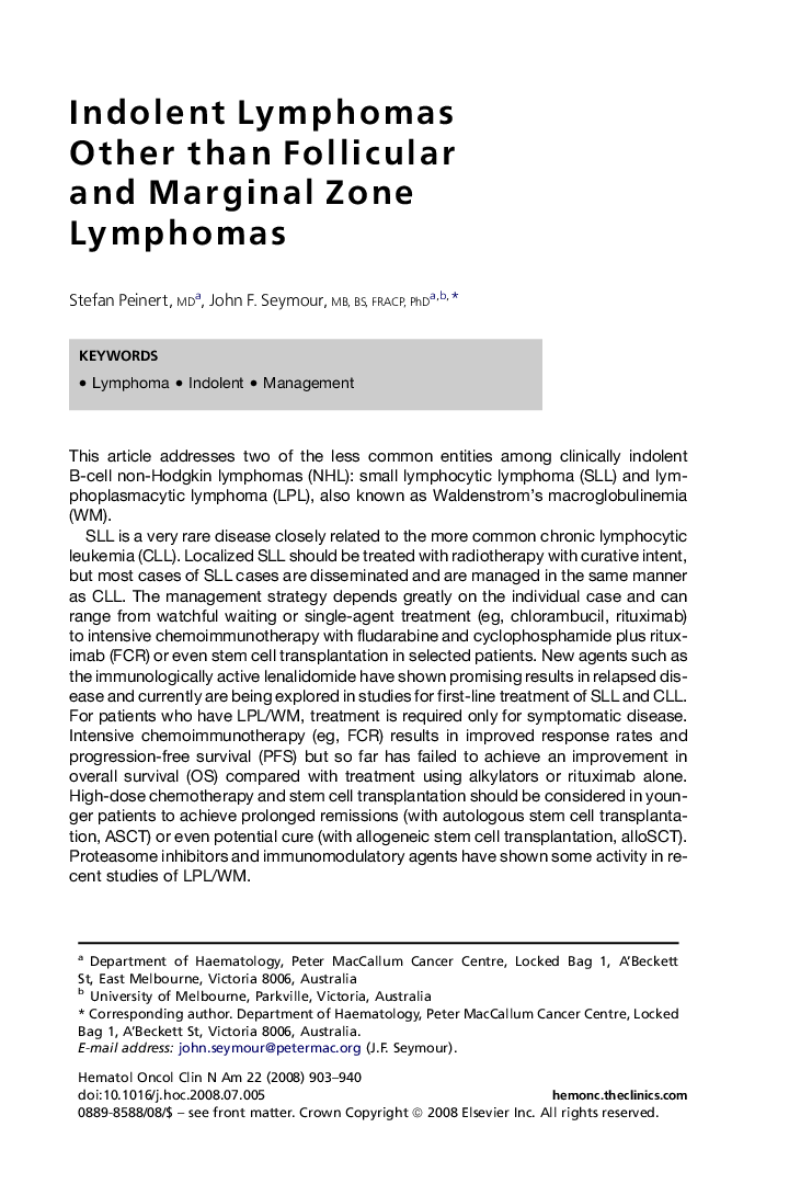 Indolent Lymphomas Other than Follicular and Marginal Zone Lymphomas