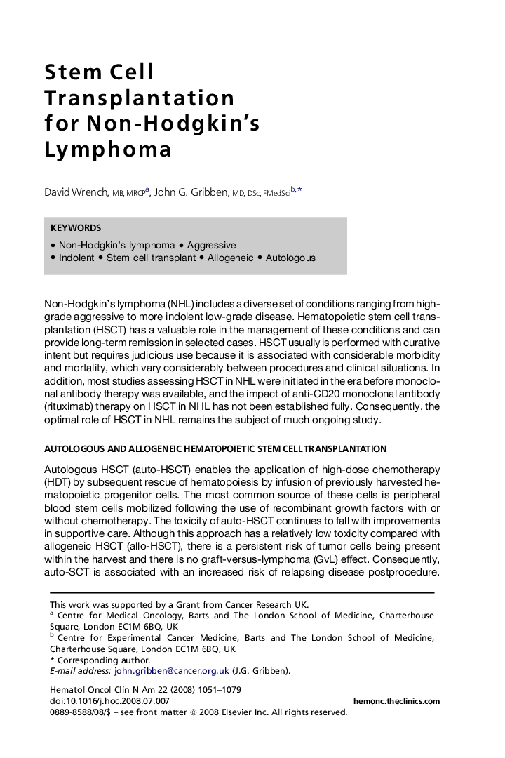 Stem Cell Transplantation for Non-Hodgkin's Lymphoma 
