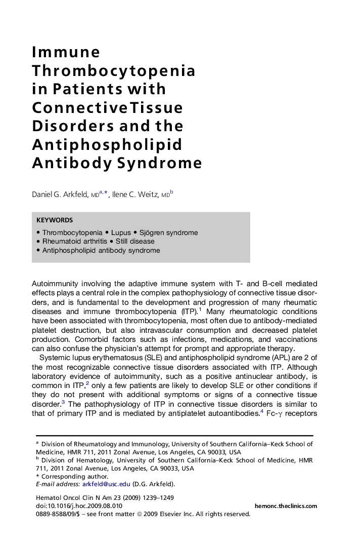 Immune Thrombocytopenia in Patients with Connective Tissue Disorders and the Antiphospholipid Antibody Syndrome