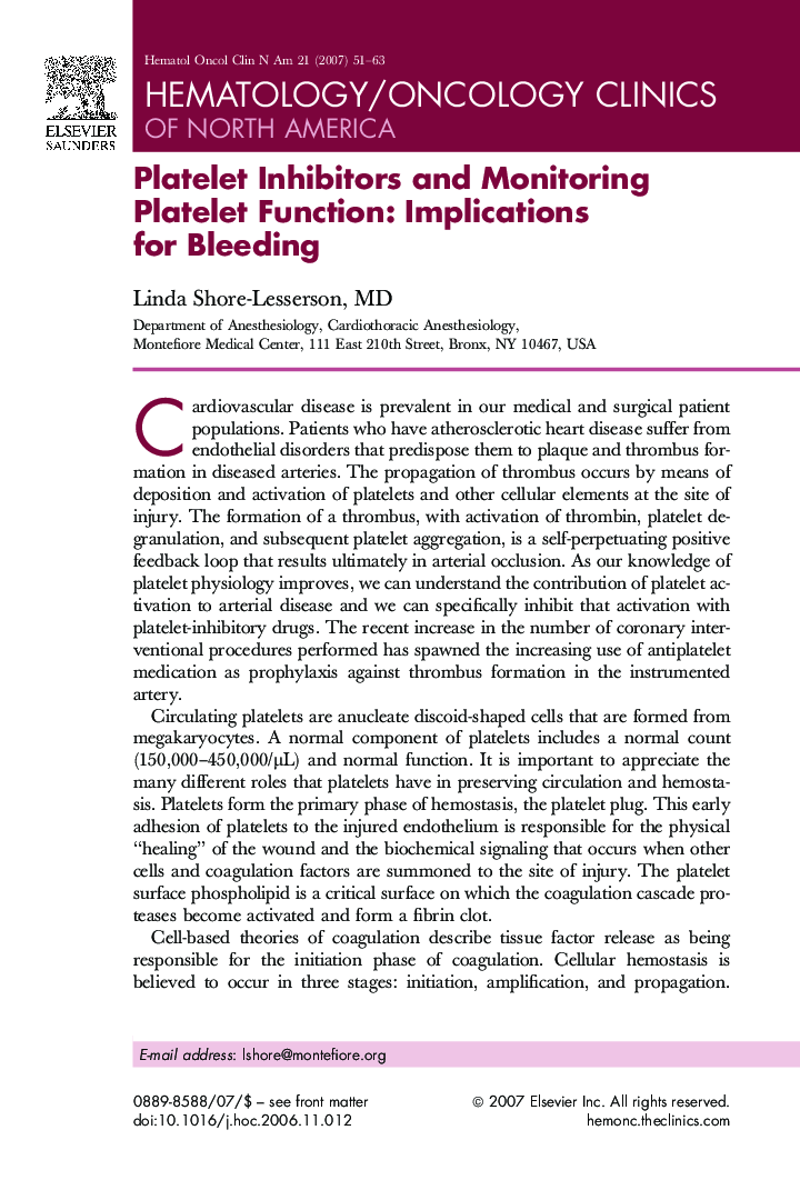 Platelet Inhibitors and Monitoring Platelet Function: Implications for Bleeding