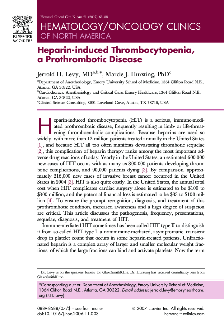 Heparin-induced Thrombocytopenia, a Prothrombotic Disease 
