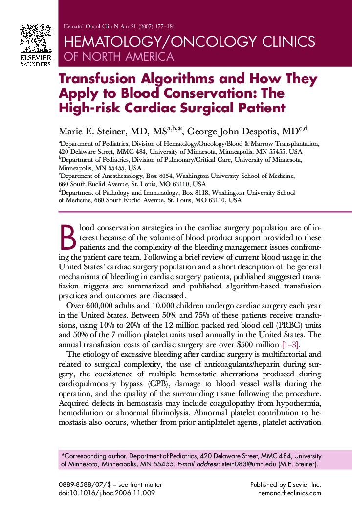 Transfusion Algorithms and How They Apply to Blood Conservation: The High-risk Cardiac Surgical Patient