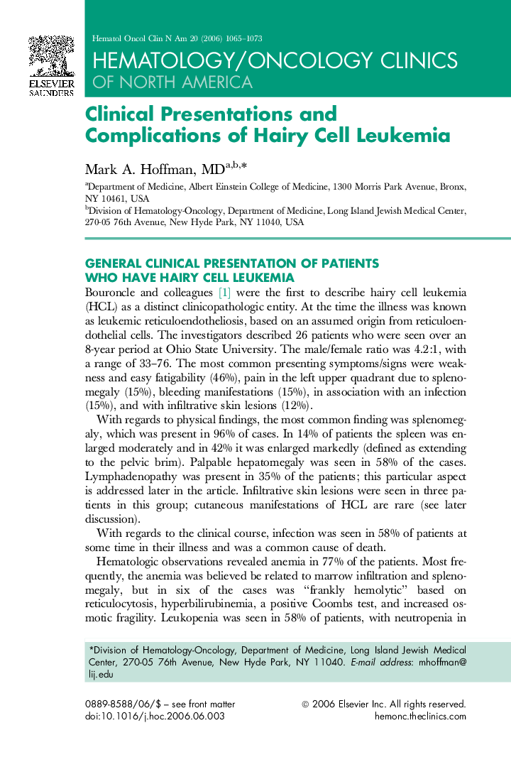 Clinical Presentations and Complications of Hairy Cell Leukemia