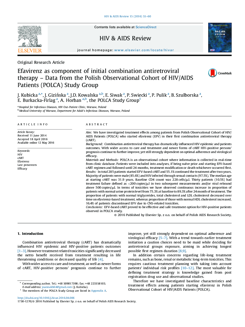 Efavirenz as component of initial combination antiretroviral therapy – Data from the Polish Observational Cohort of HIV/AIDS Patients (POLCA) Study Group