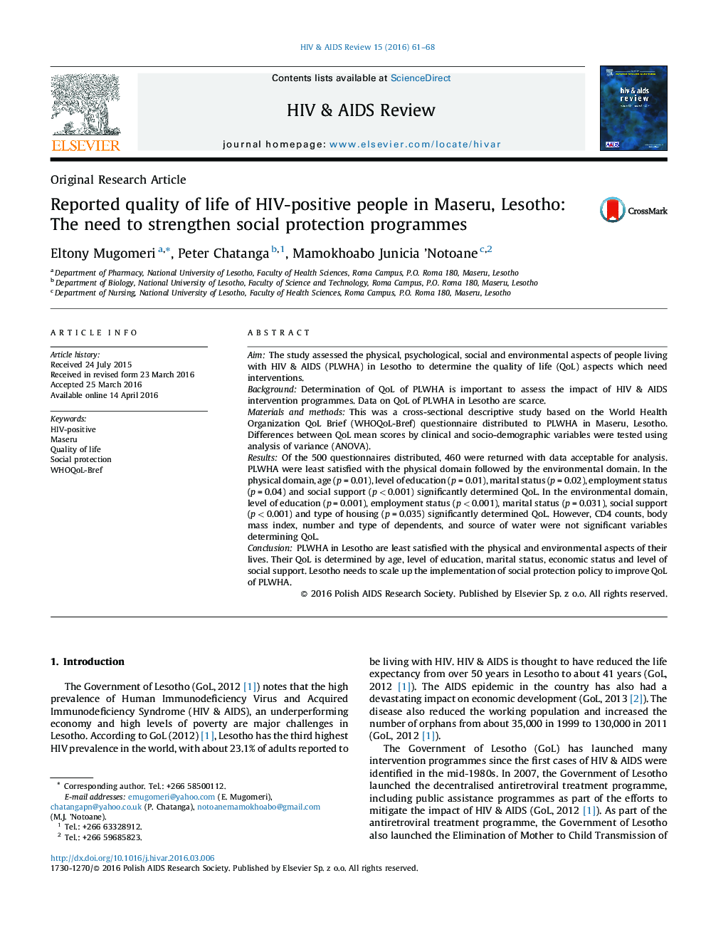 Reported quality of life of HIV-positive people in Maseru, Lesotho: The need to strengthen social protection programmes