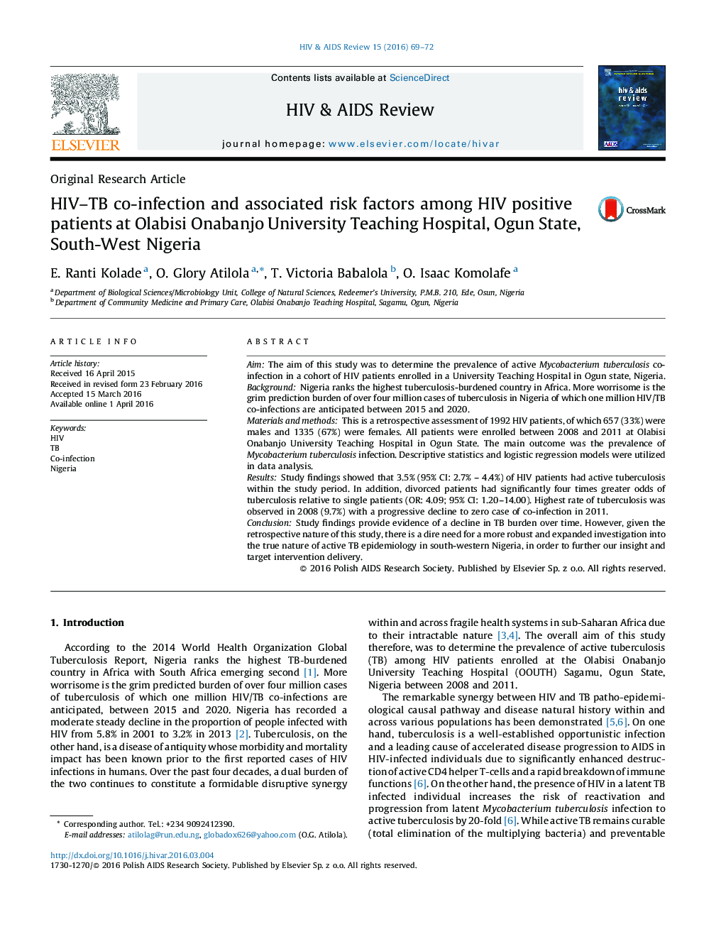 HIV–TB co-infection and associated risk factors among HIV positive patients at Olabisi Onabanjo University Teaching Hospital, Ogun State, South-West Nigeria