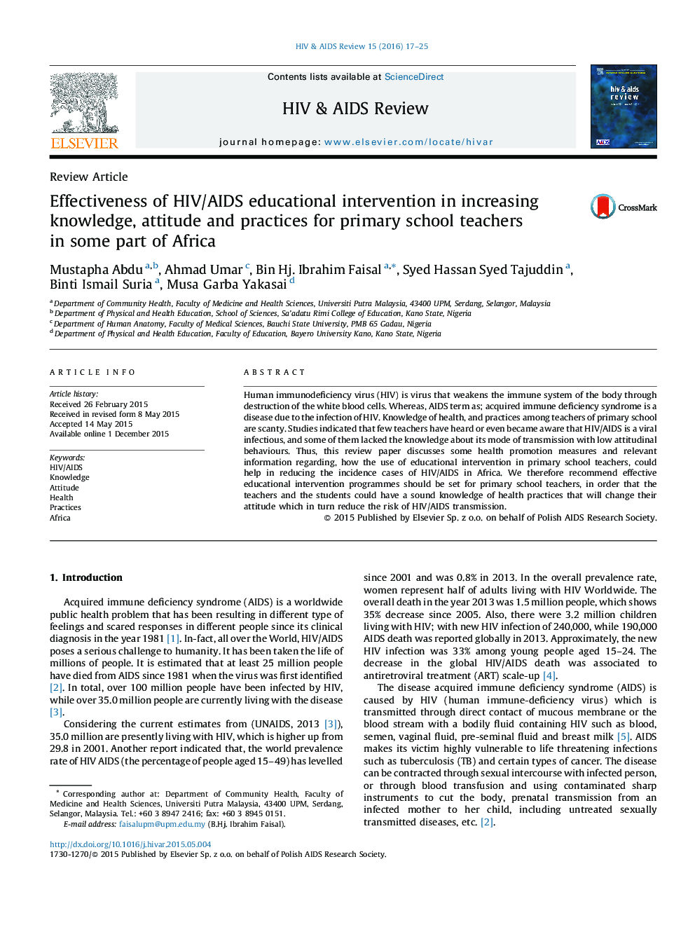 Effectiveness of HIV/AIDS educational intervention in increasing knowledge, attitude and practices for primary school teachers in some part of Africa