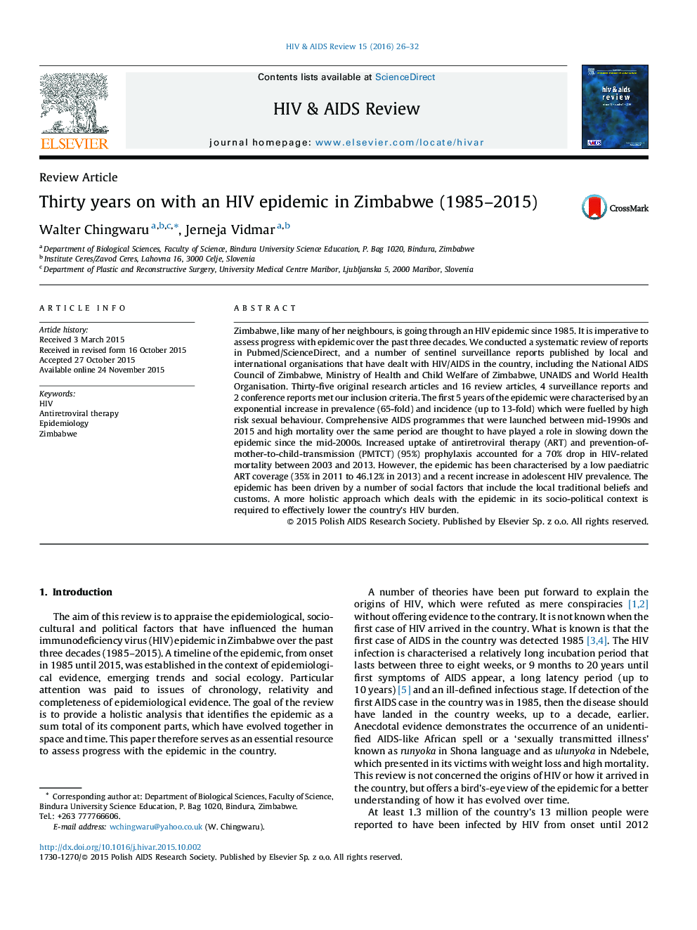 Thirty years on with an HIV epidemic in Zimbabwe (1985–2015)