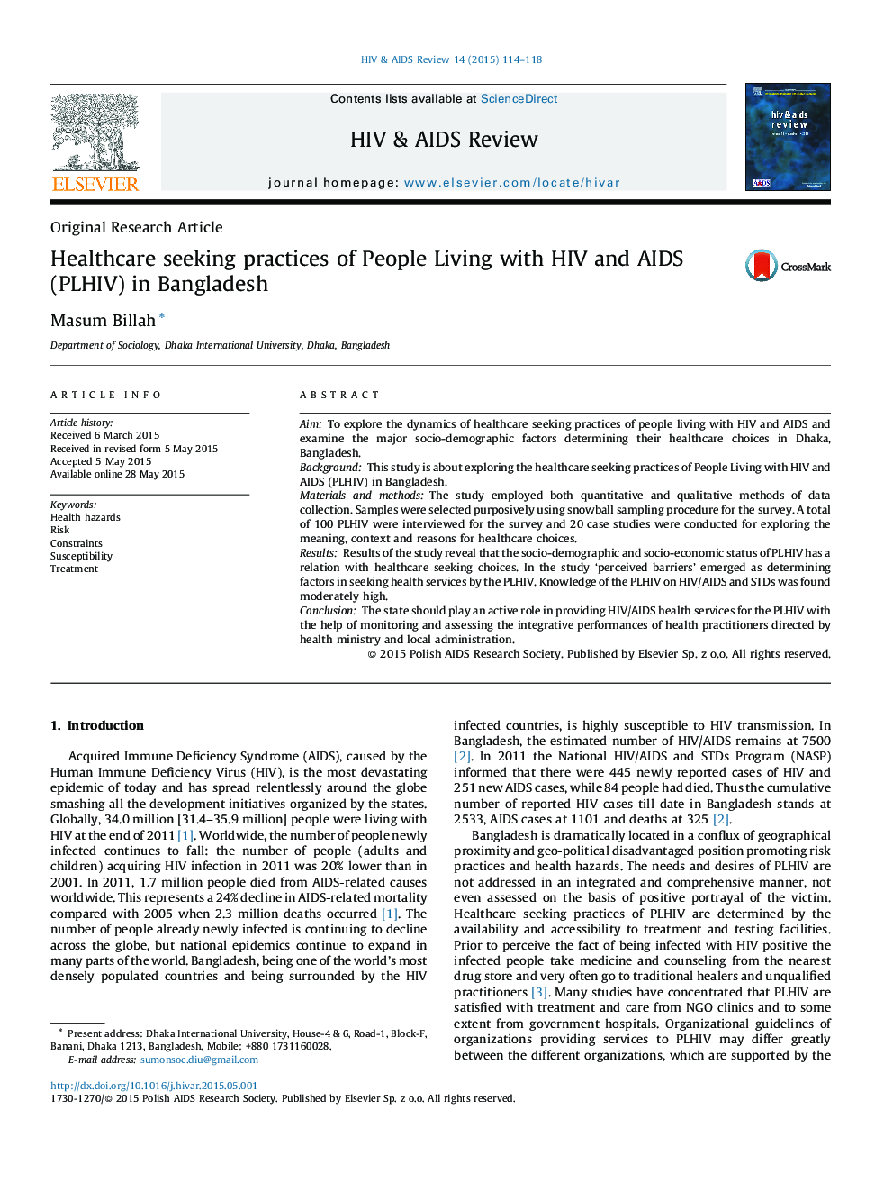 Healthcare seeking practices of People Living with HIV and AIDS (PLHIV) in Bangladesh