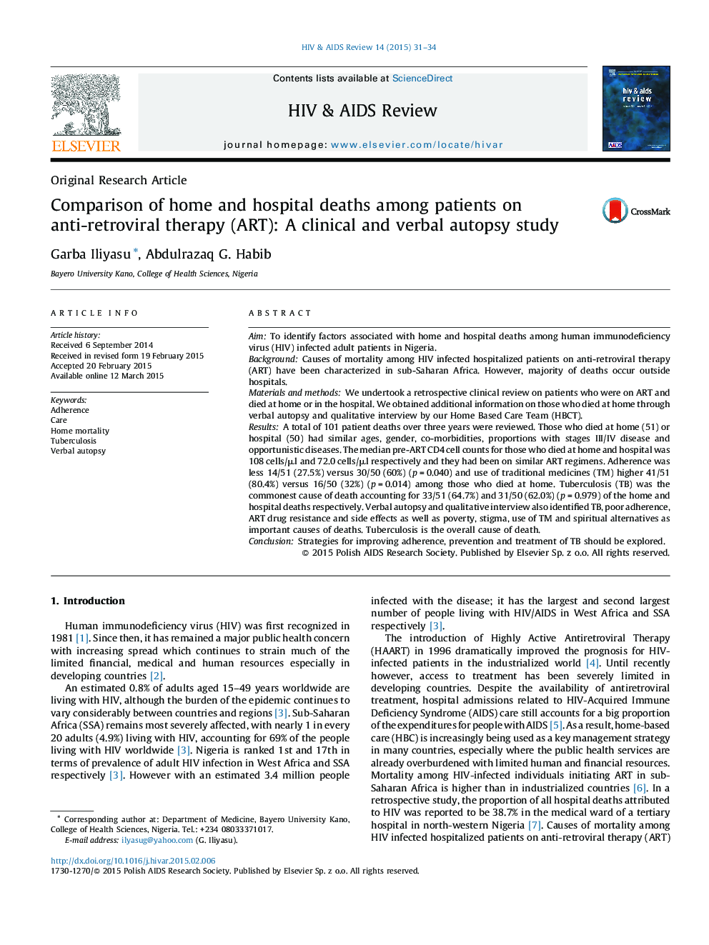 Comparison of home and hospital deaths among patients on anti-retroviral therapy (ART): A clinical and verbal autopsy study
