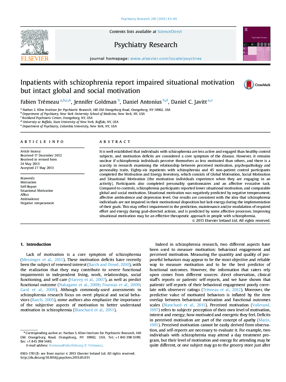 Inpatients with schizophrenia report impaired situational motivation but intact global and social motivation