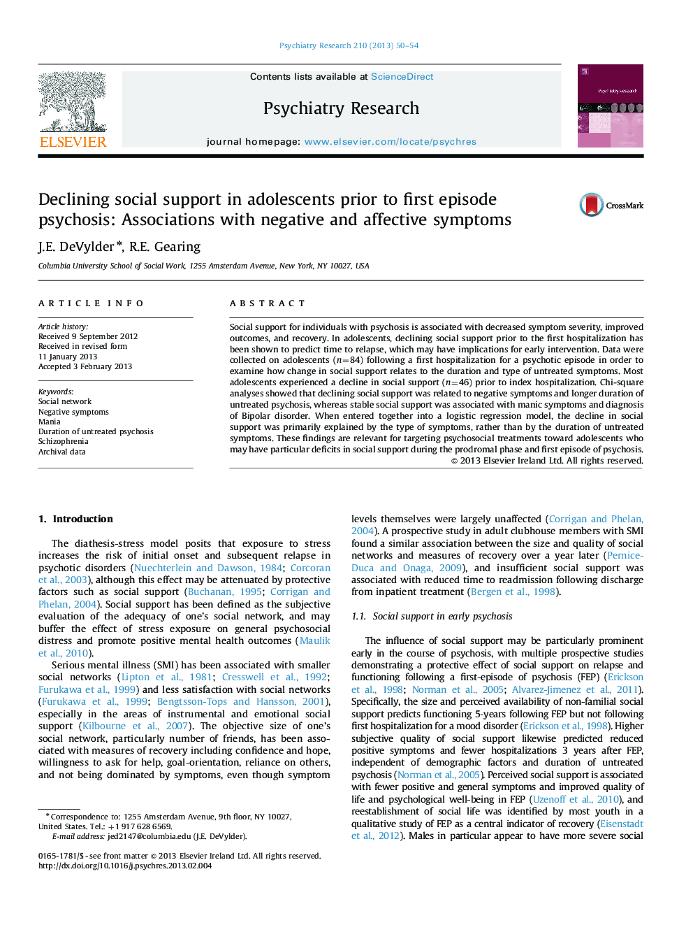 Declining social support in adolescents prior to first episode psychosis: Associations with negative and affective symptoms