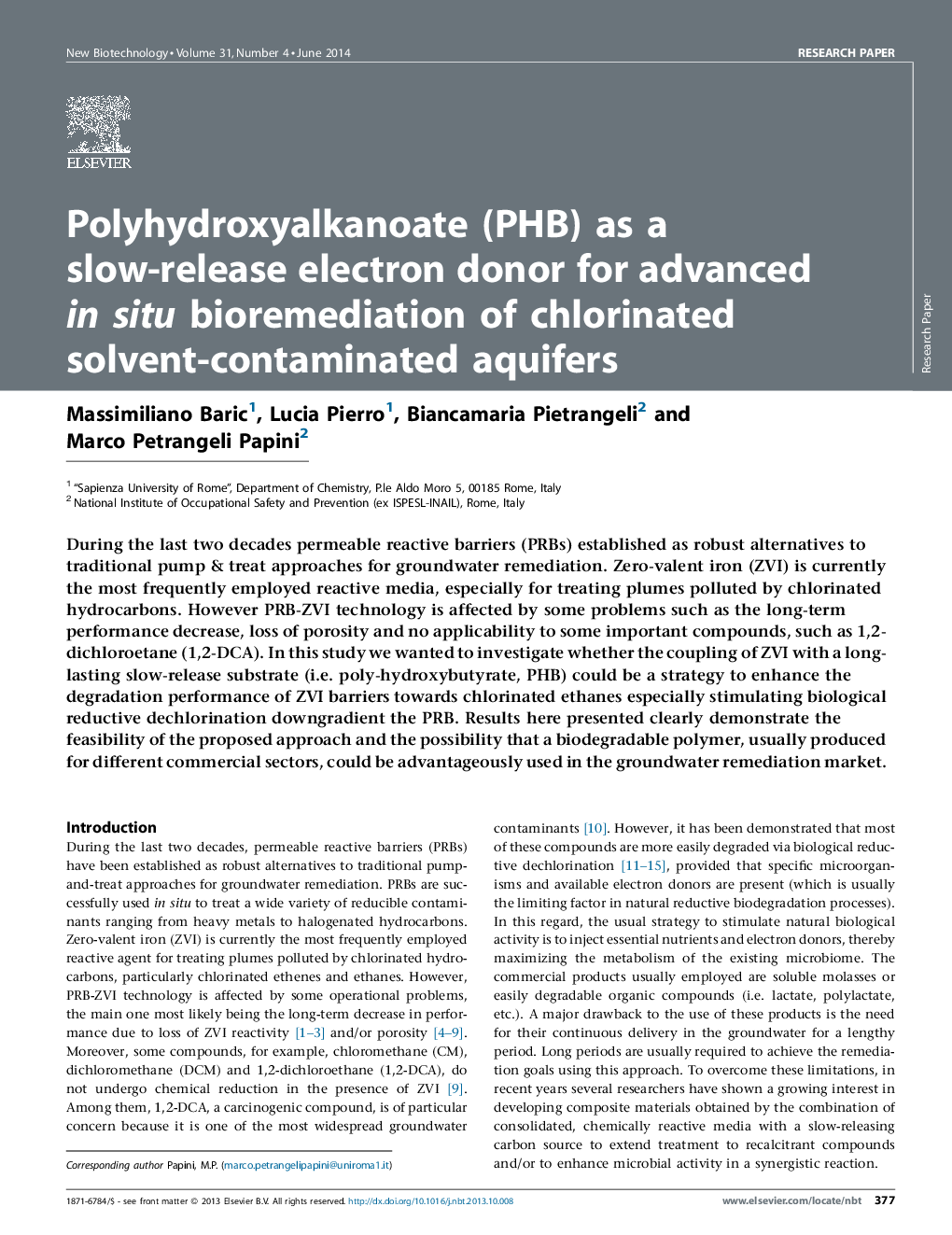Polyhydroxyalkanoate (PHB) as a slow-release electron donor for advanced in situ bioremediation of chlorinated solvent-contaminated aquifers
