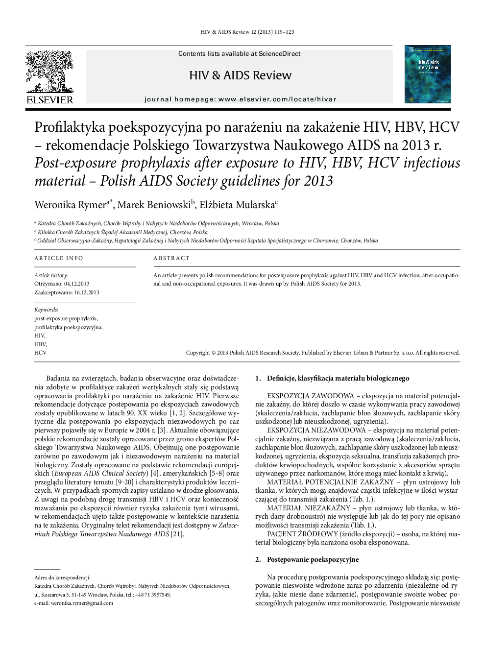 Profilaktyka poekspozycyjna po narażeniu na zakażenie HIV, HBV, HCV – rekomendacje Polskiego Towarzystwa Naukowego AIDS na 2013 r