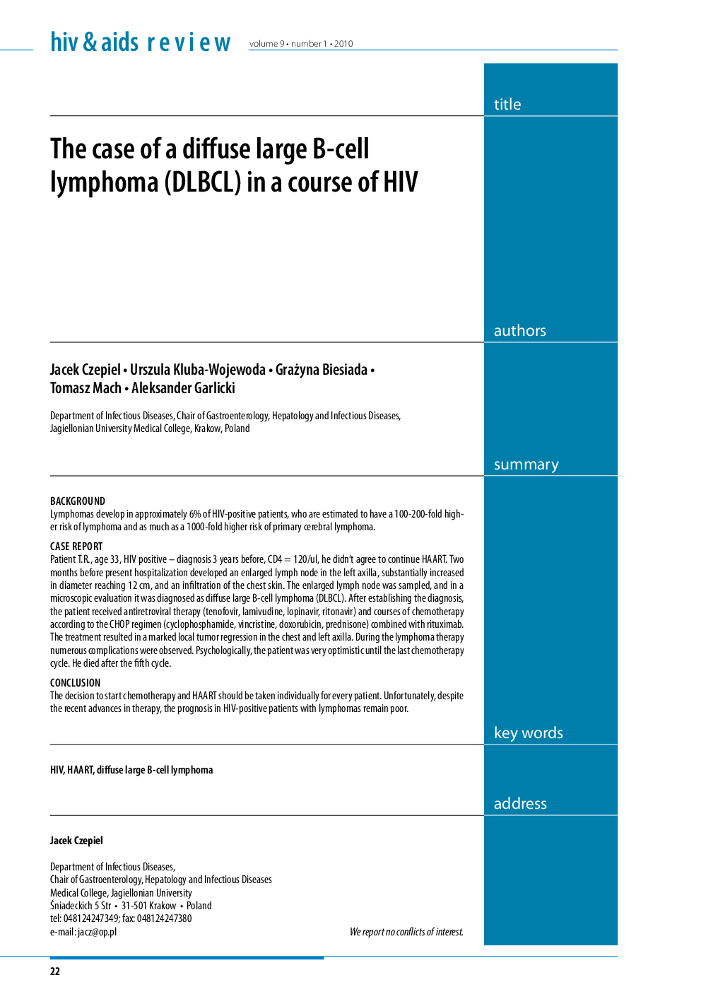 The case of a diffuse large B-cell lymphoma (DLBCL) in a course of HIV 