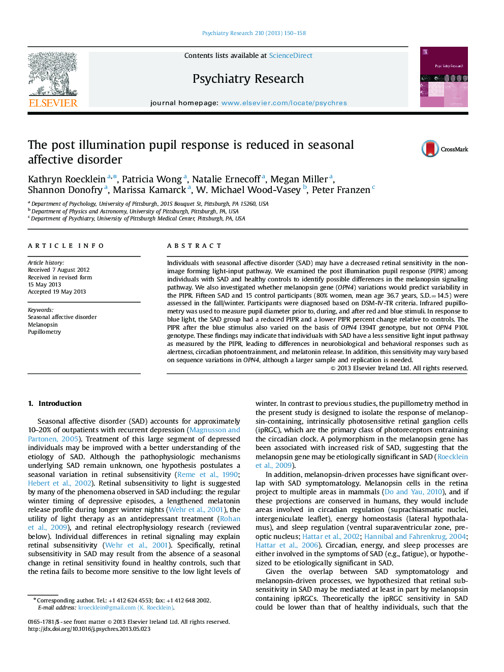 The post illumination pupil response is reduced in seasonal affective disorder