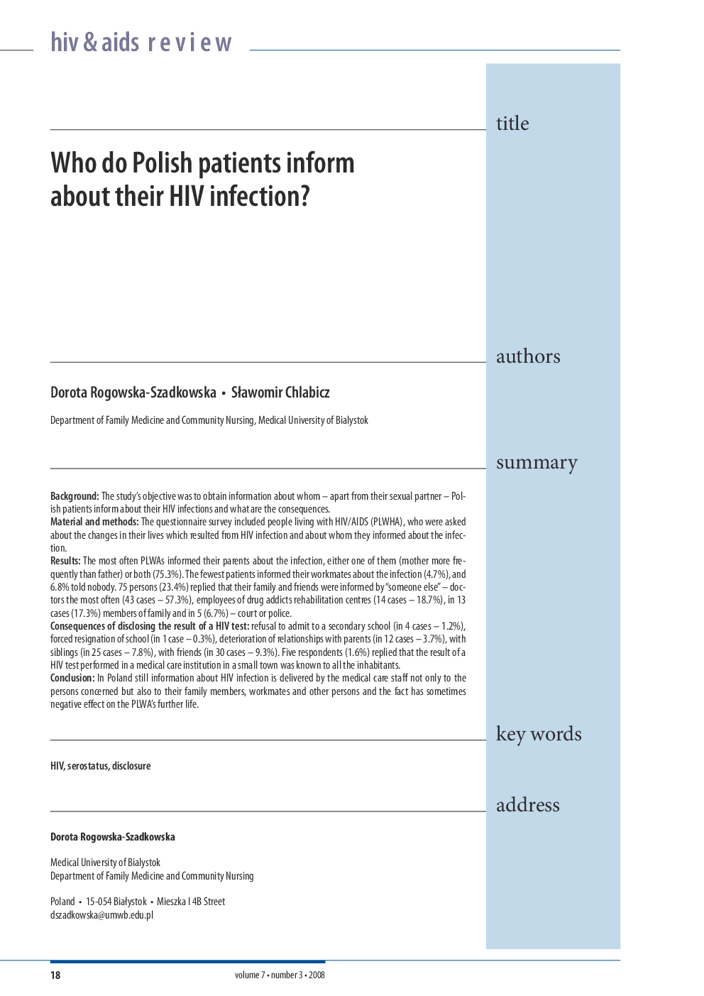 Who do Polish patients inform about their HIV infection?