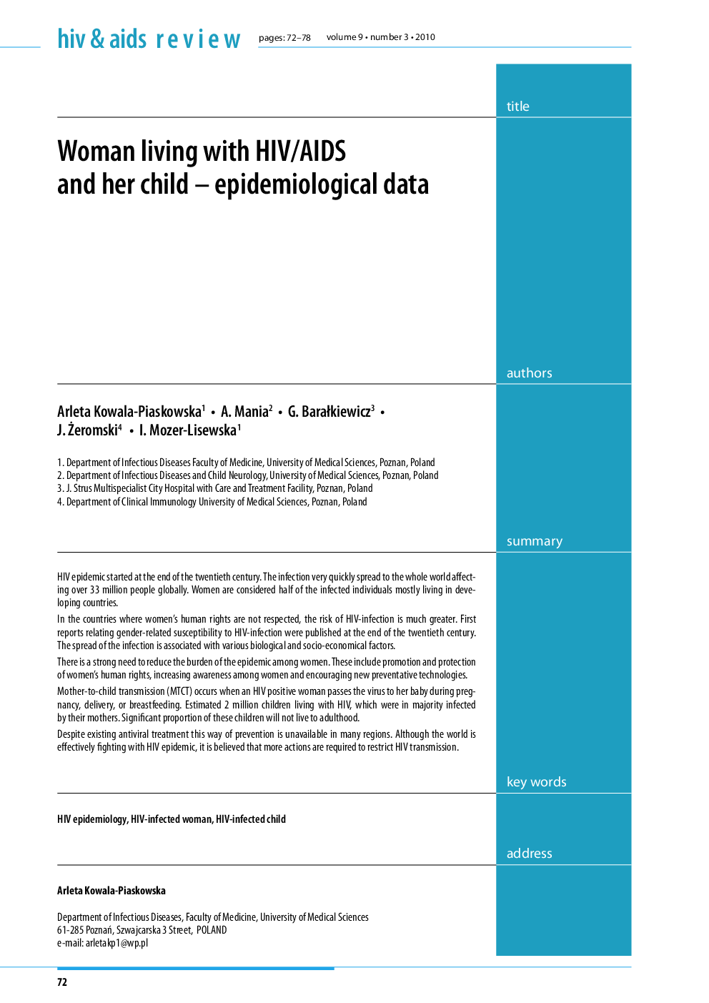 Woman living with HIV/AIDS and her child – epidemiological data