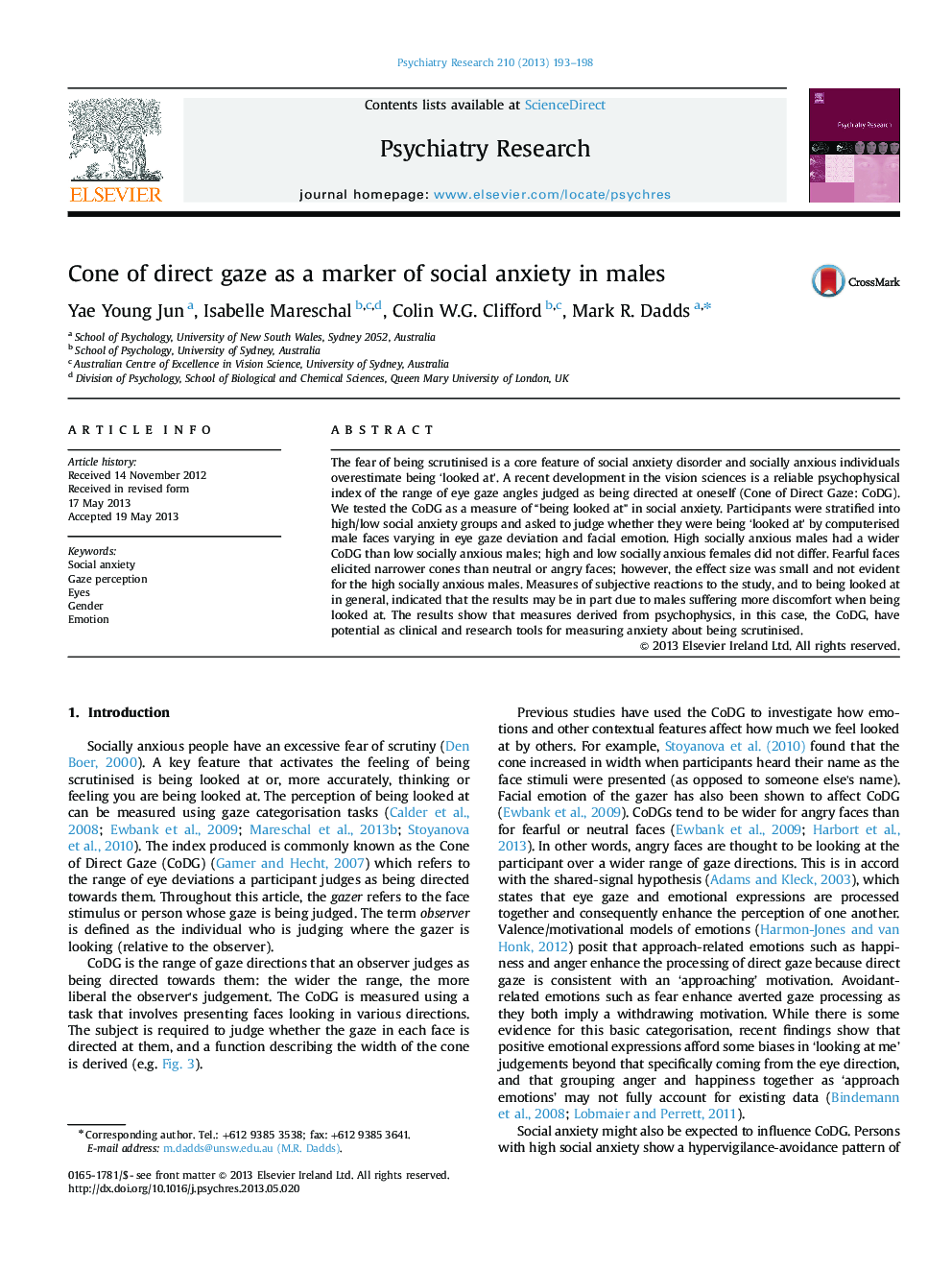 Cone of direct gaze as a marker of social anxiety in males