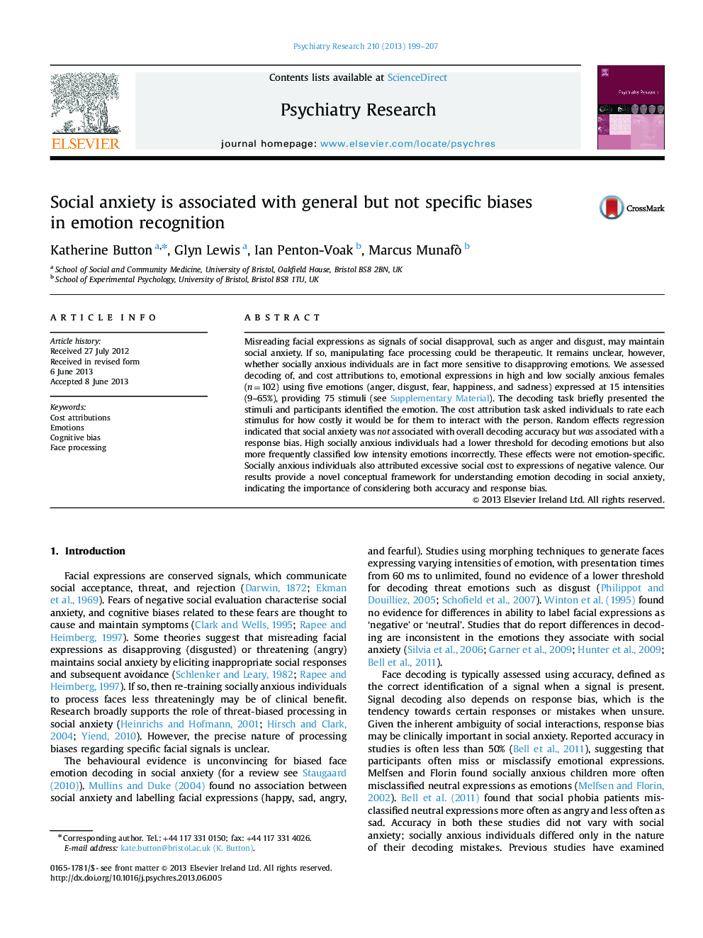 Social anxiety is associated with general but not specific biases in emotion recognition