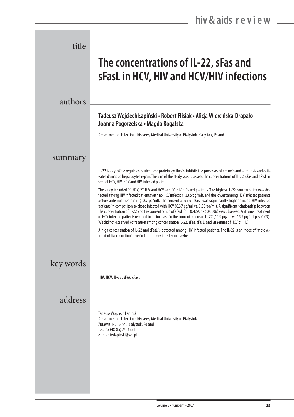 The concentrations of IL-22, sFas and sFasL in HCV, HIV and HCV/HIV infections
