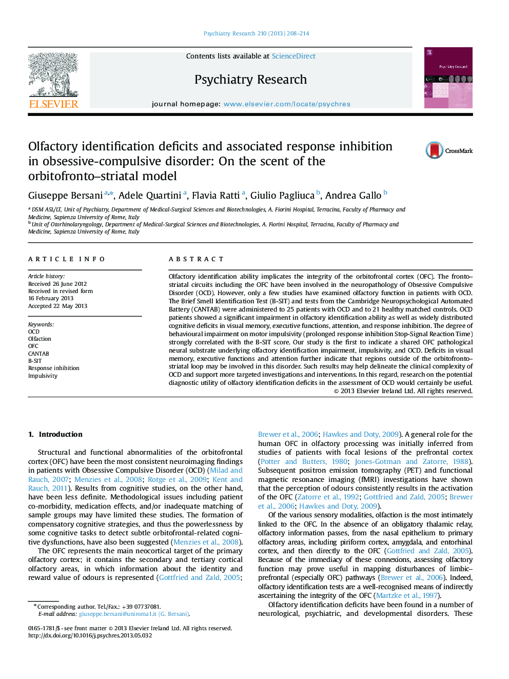 Olfactory identification deficits and associated response inhibition in obsessive-compulsive disorder: On the scent of the orbitofronto–striatal model