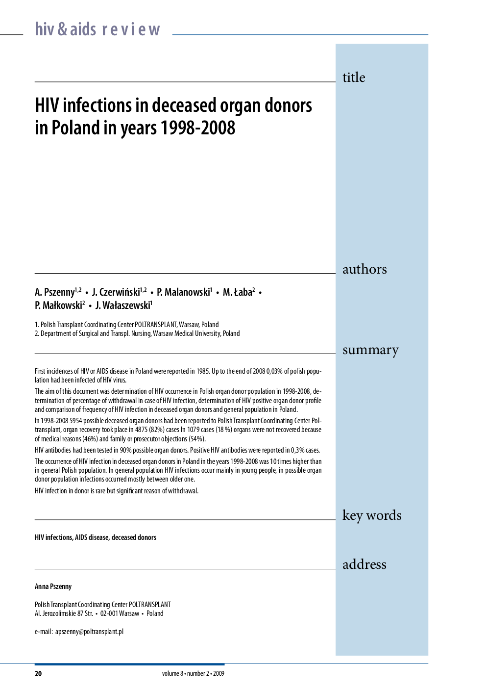 HIV infections in deceased organ donors in Poland in years 1998–2008