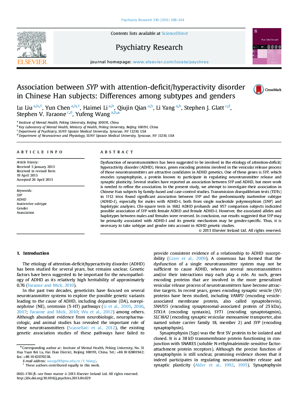 Association between SYP with attention-deficit/hyperactivity disorder in Chinese Han subjects: Differences among subtypes and genders