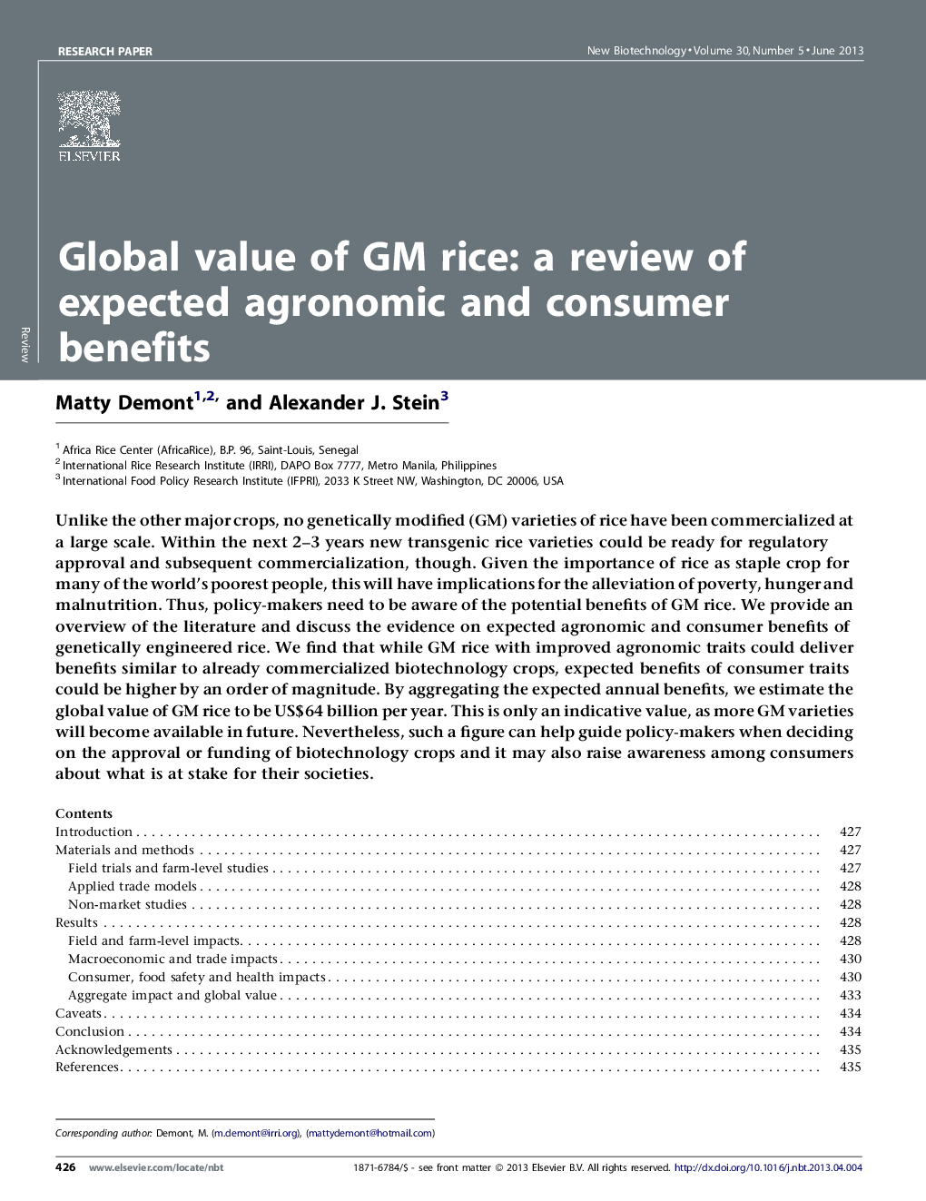 عکس صفحه اول مقاله: Global value of GM rice: a review of expected agronomic and consumer benefits Global value of GM rice: a review of expected agronomic and consumer benefits