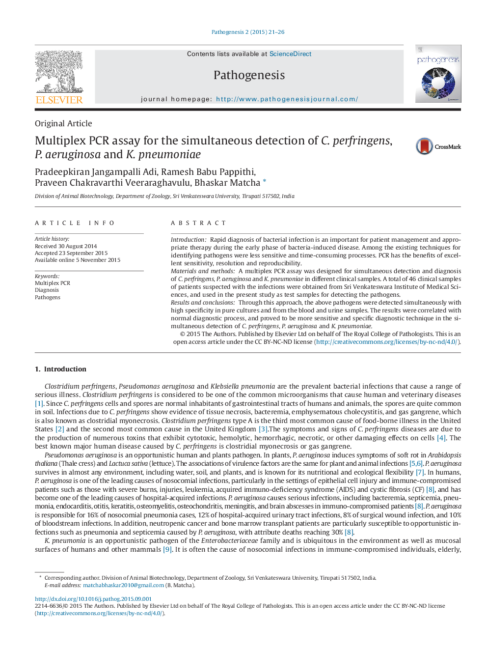 Multiplex PCR assay for the simultaneous detection of C. perfringens, P. aeruginosa and K. pneumoniae