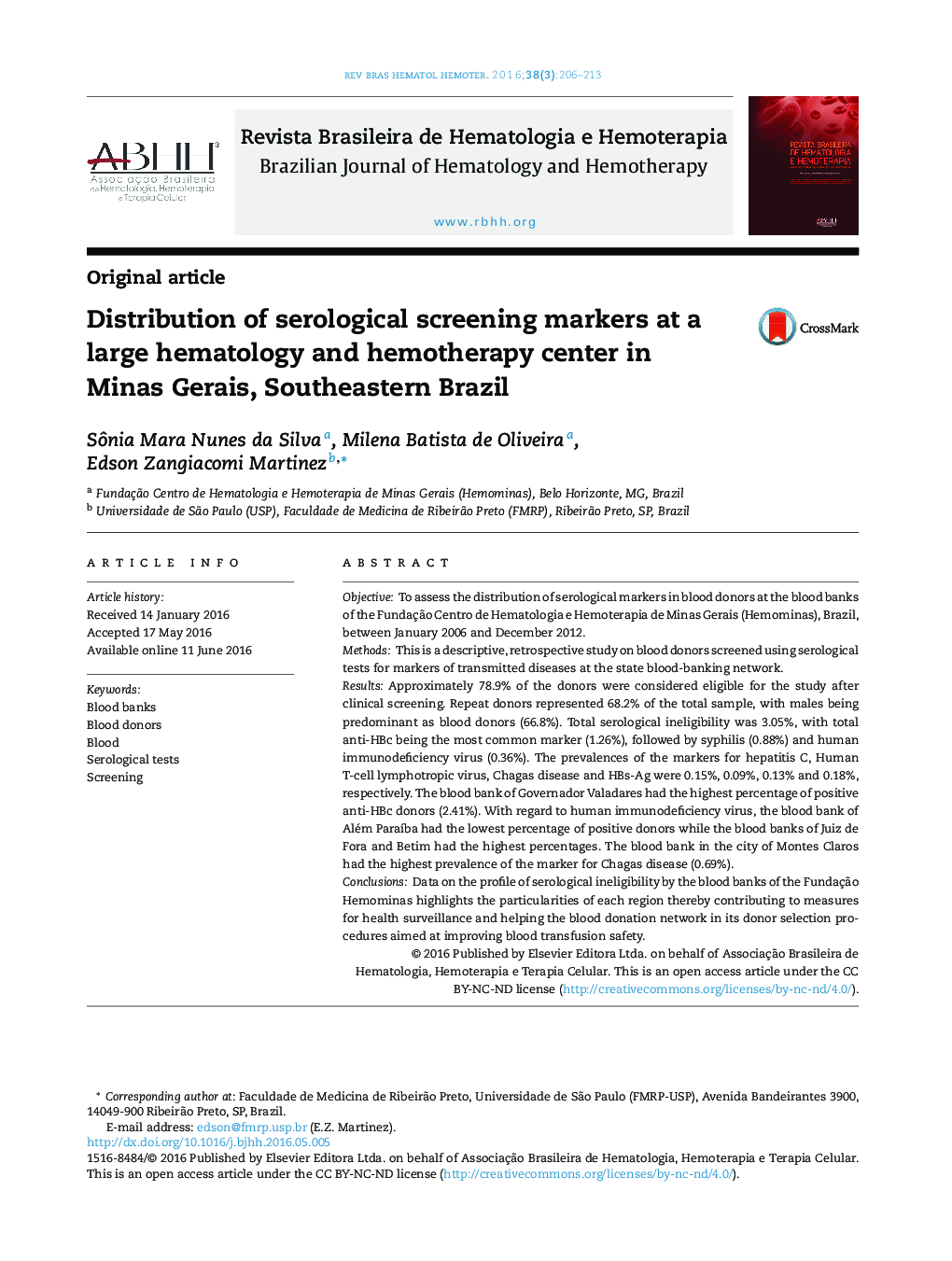 Distribution of serological screening markers at a large hematology and hemotherapy center in Minas Gerais, Southeastern Brazil