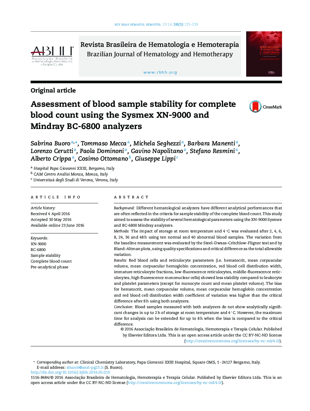 Assessment of blood sample stability for complete blood count using the Sysmex XN-9000 and Mindray BC-6800 analyzers