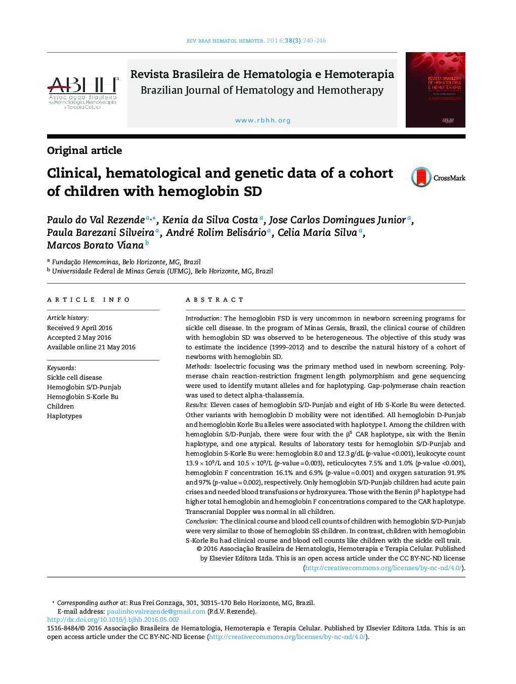 Clinical, hematological and genetic data of a cohort of children with hemoglobin SD