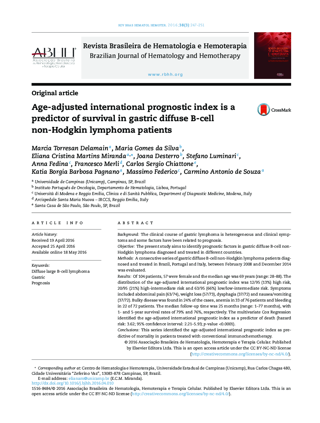 Age-adjusted international prognostic index is a predictor of survival in gastric diffuse B-cell non-Hodgkin lymphoma patients