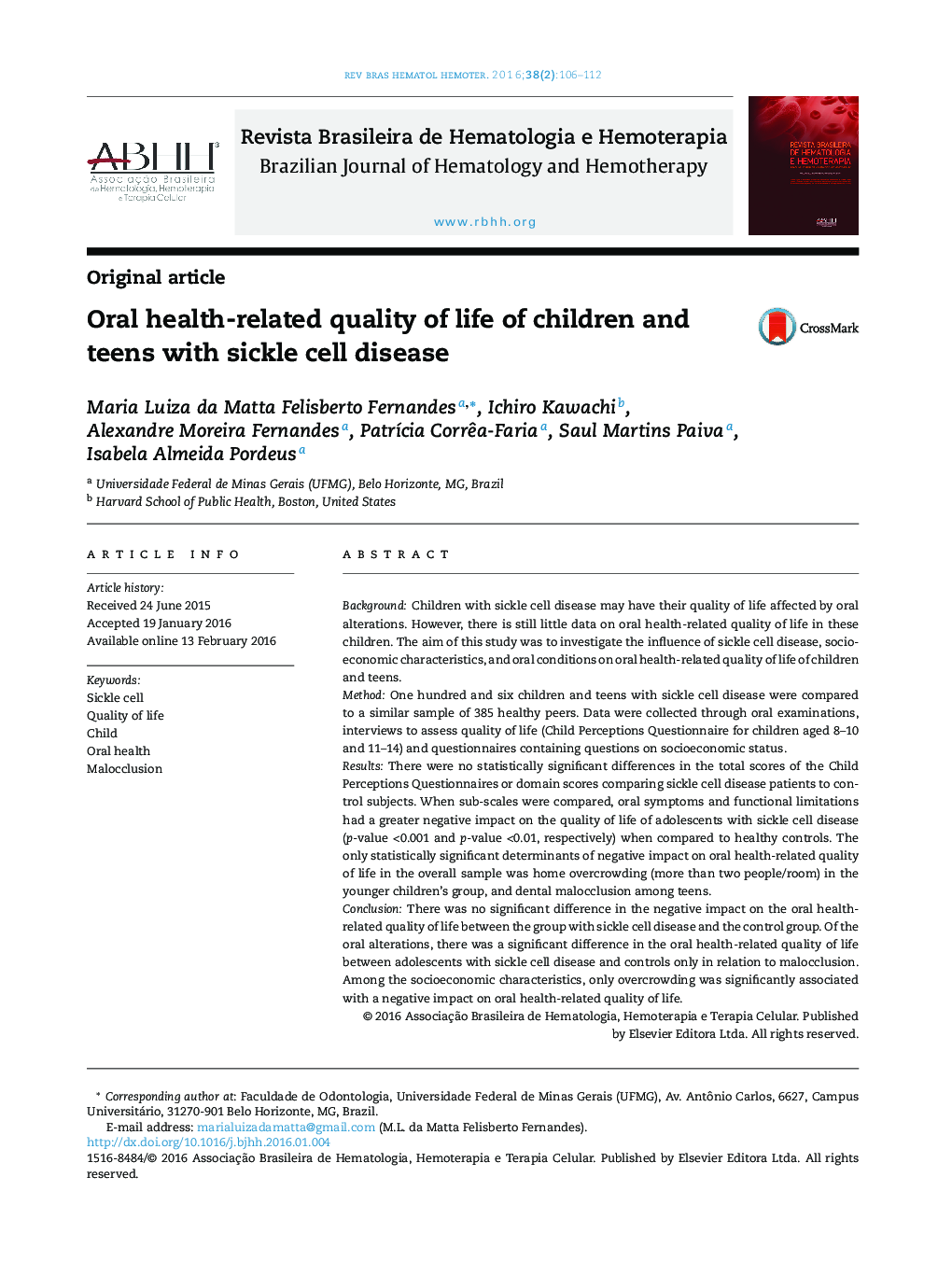 کیفیت زندگی مرتبط با سلامت دهان و دندان کودکان و نوجوانان مبتلا به بیماری سلول داسی شکل 
