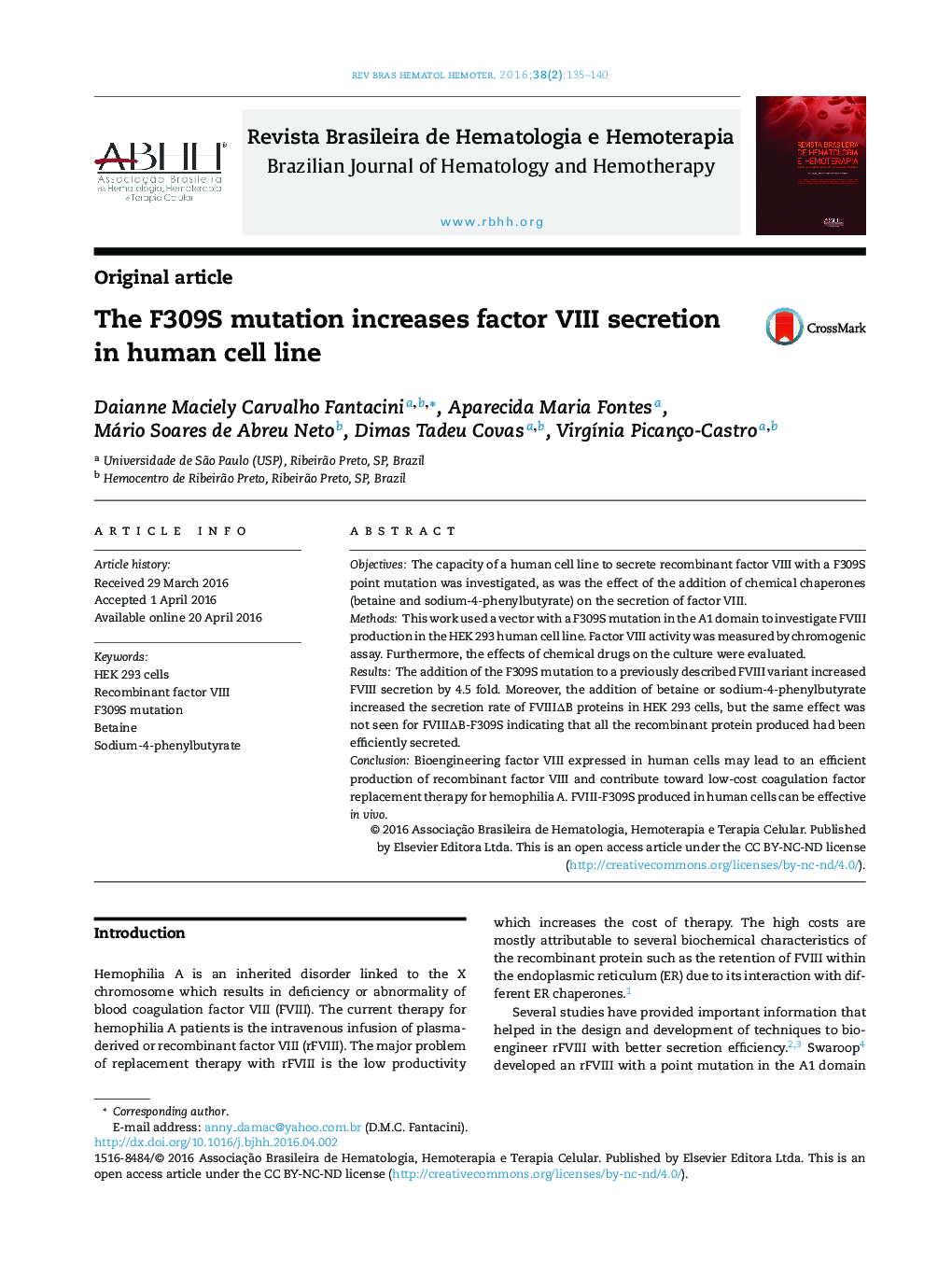 The F309S mutation increases factor VIII secretion in human cell line