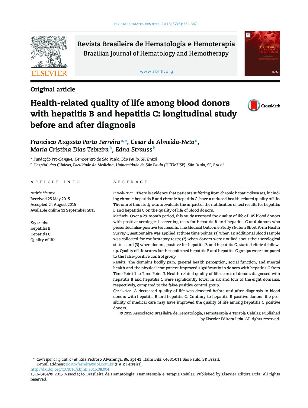 Health-related quality of life among blood donors with hepatitis B and hepatitis C: longitudinal study before and after diagnosis