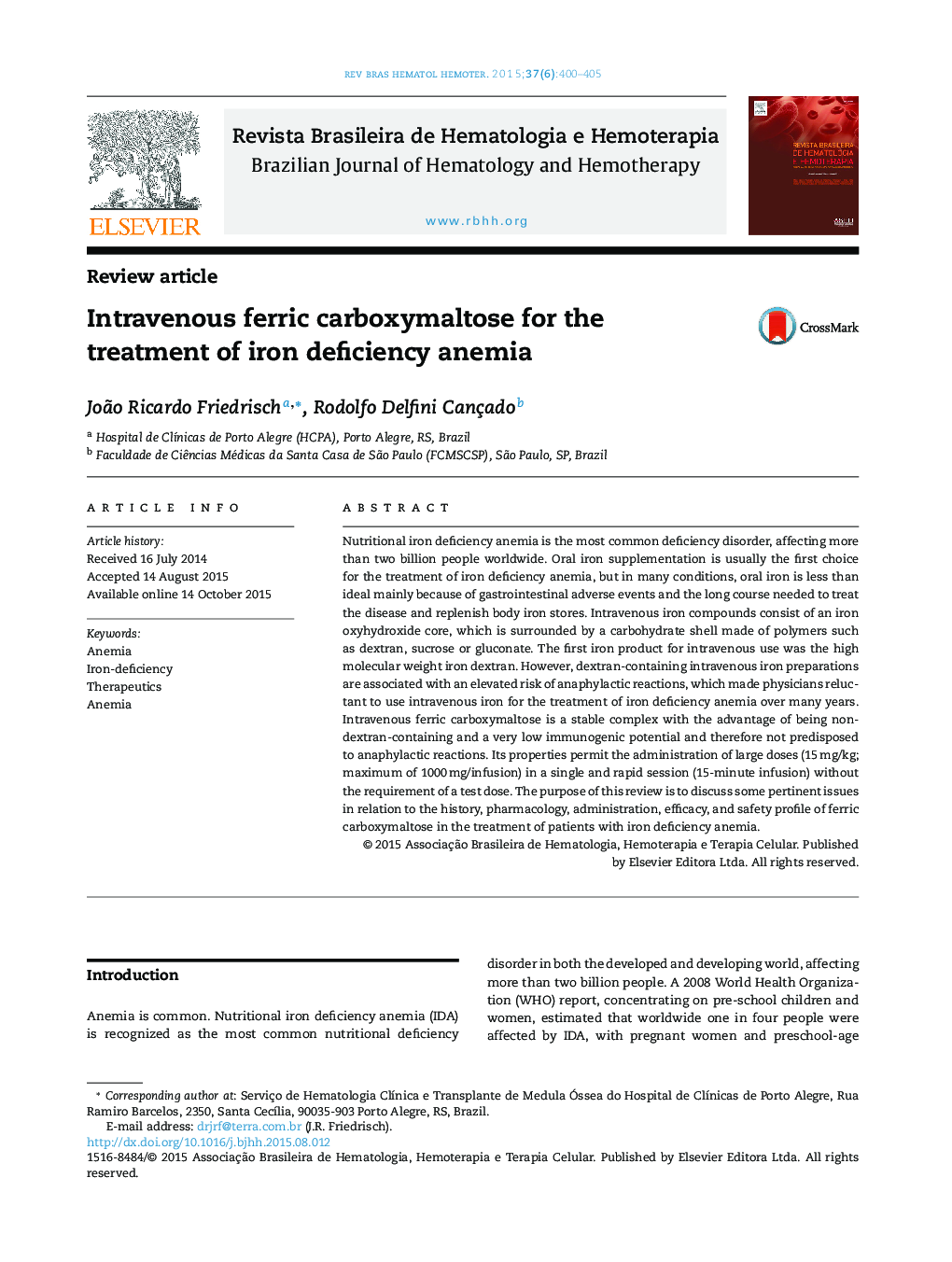 Intravenous ferric carboxymaltose for the treatment of iron deficiency anemia