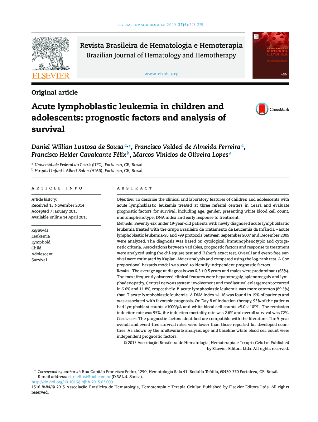 Acute lymphoblastic leukemia in children and adolescents: prognostic factors and analysis of survival