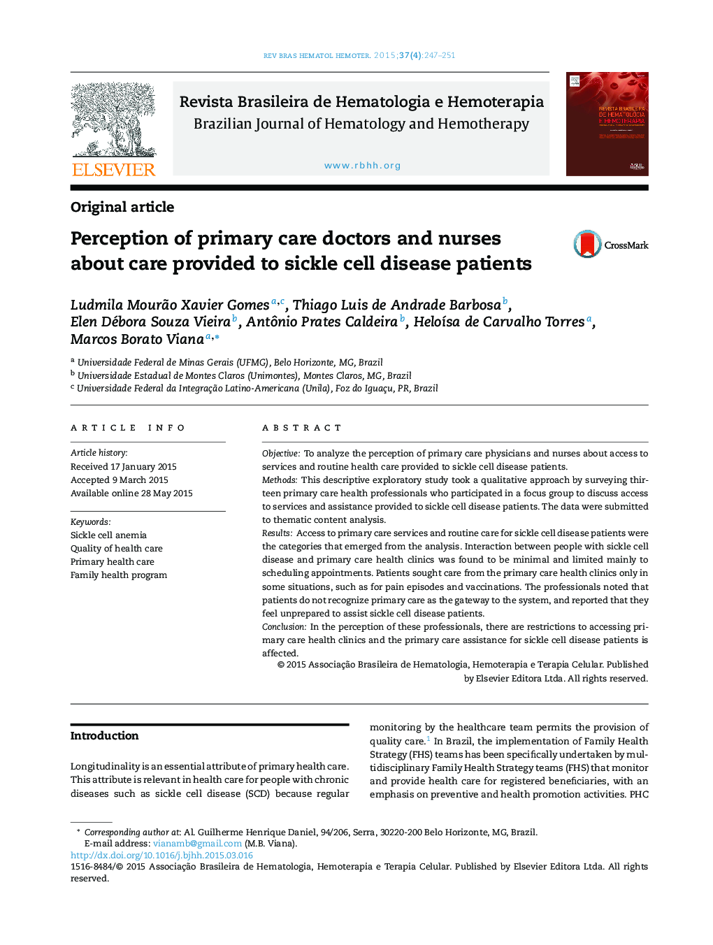 Perception of primary care doctors and nurses about care provided to sickle cell disease patients