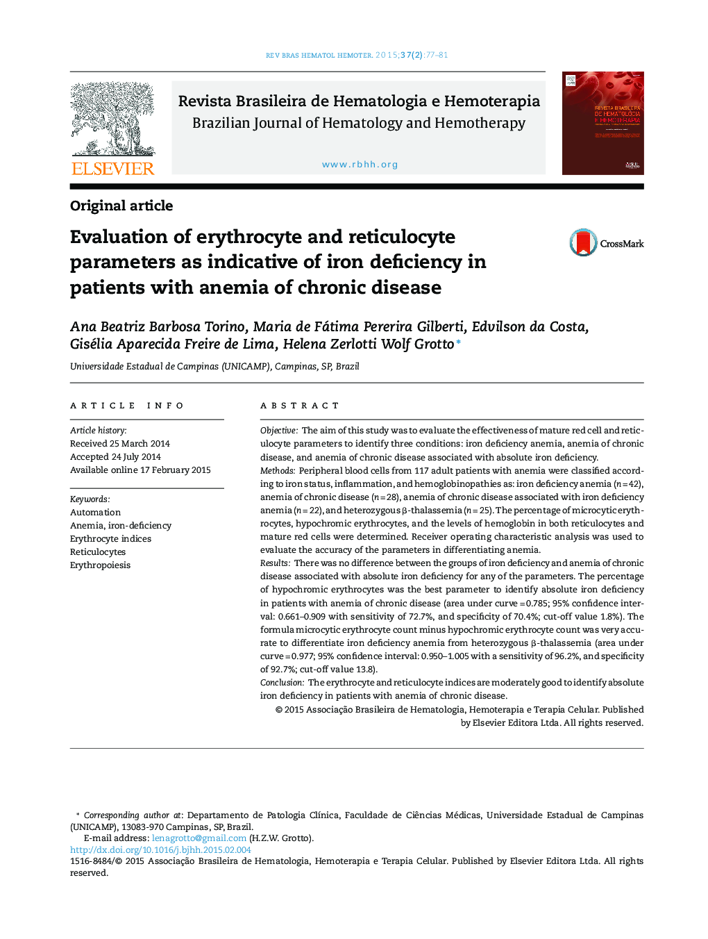 Evaluation of erythrocyte and reticulocyte parameters as indicative of iron deficiency in patients with anemia of chronic disease