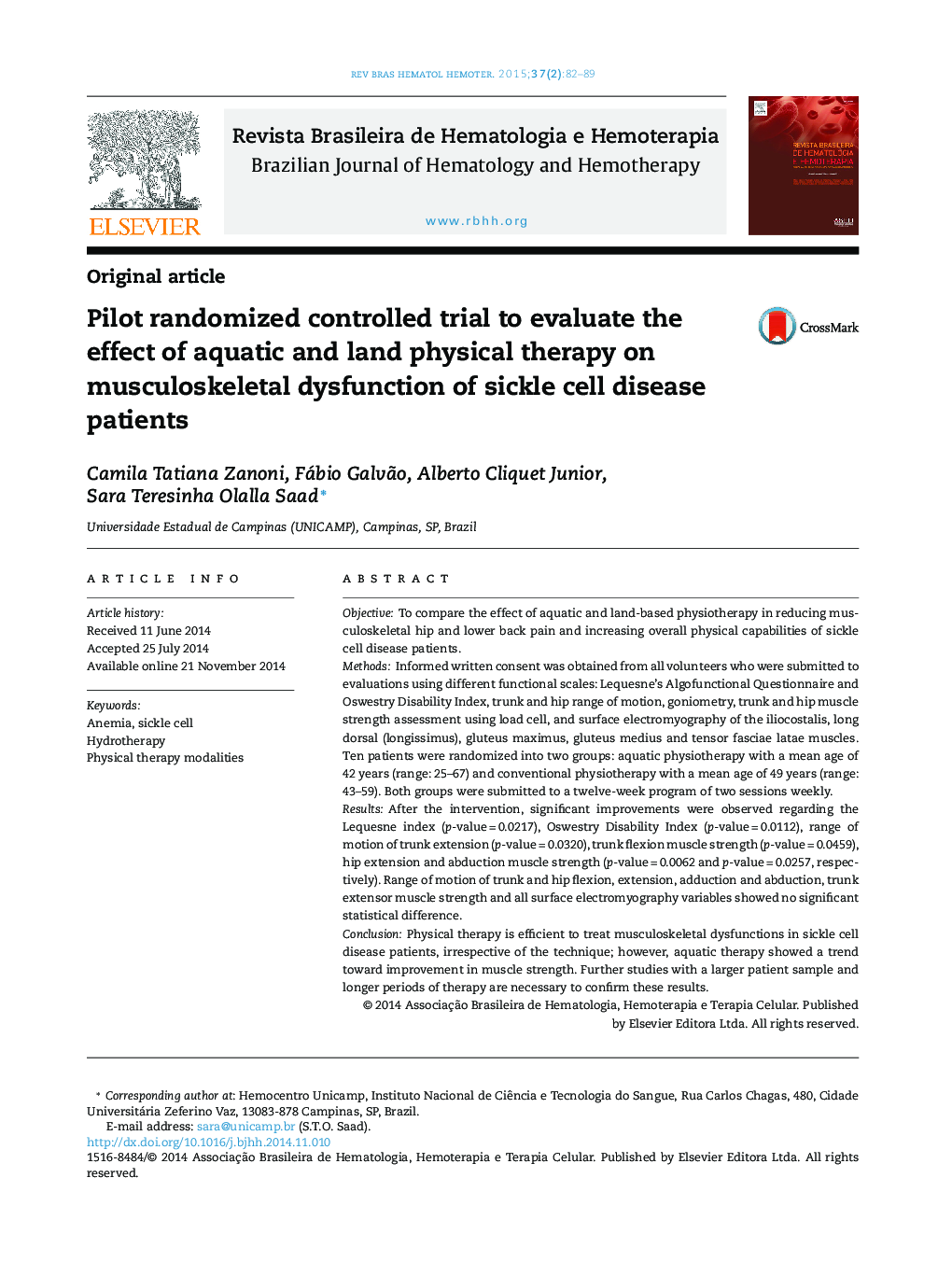 Pilot randomized controlled trial to evaluate the effect of aquatic and land physical therapy on musculoskeletal dysfunction of sickle cell disease patients