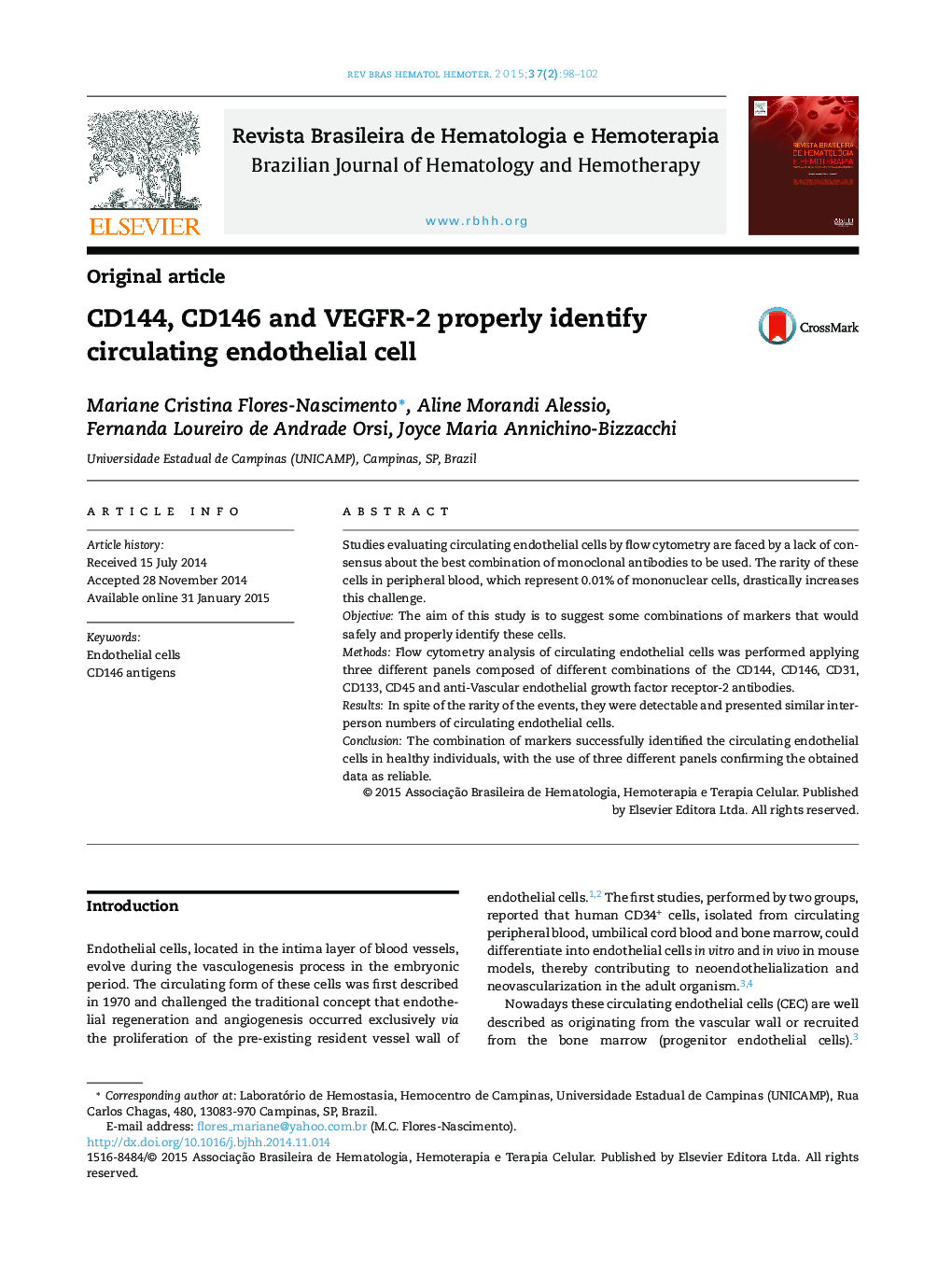 CD144, CD146 and VEGFR-2 properly identify circulating endothelial cell